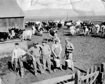 Emigranti in un ranch in California; al centro Lodovico Cantoni di Gudo.